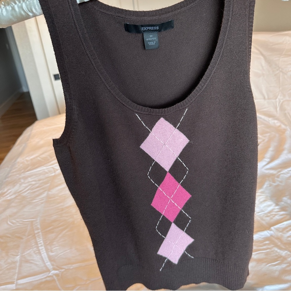 Vintage Express Chocolate and pink Argyle Tank Top